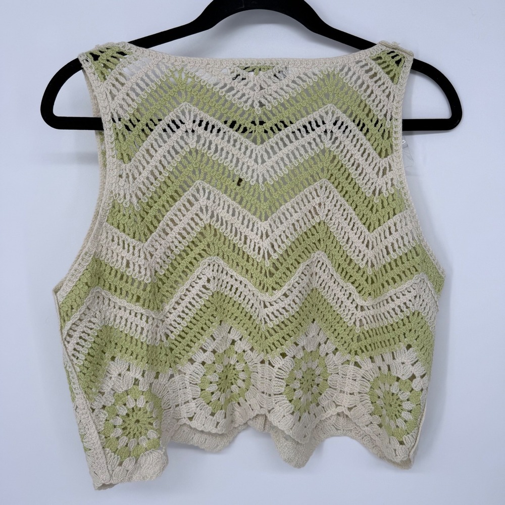 COTTON EMPORIUM BUTTON FRONT CROCHET VEST TANK MEDIUM NWT IVORY GREEN - Picture 3 of 5